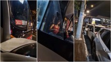 Mulher bêbada rouba micro-ônibus, bate em vários carros e acaba presa (veja o vídeo)