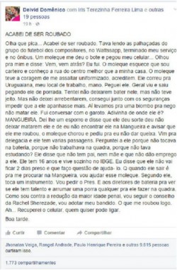 Depoimento de Deivid Domênico no Facebook