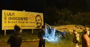 Povo que expulsou Lula e sua caravana da cidade, desta vez derruba outdoor do petista (veja o vídeo)