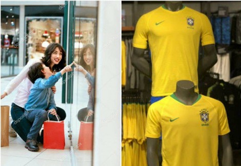 O flagrante da reação de uma “criança” frente à vitrine com a camisa da Seleção Brasileira