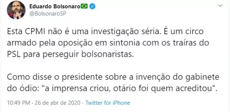 Publicação de Eduardo Bolsonaro no Twitter