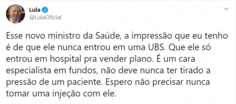 Publicação de Lula no Twitter