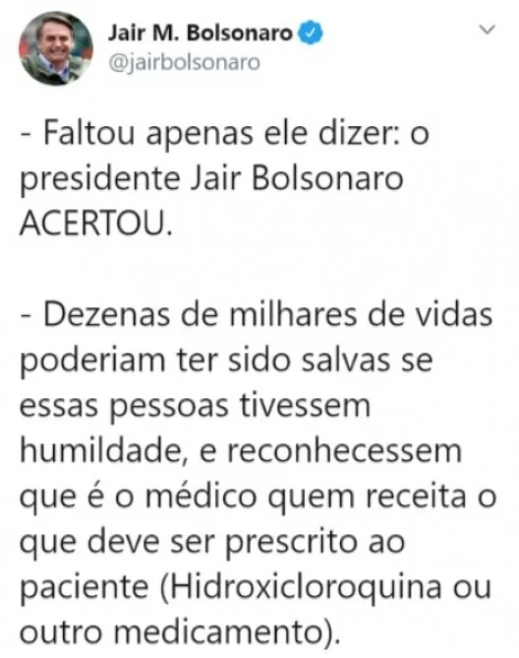 Publicação de Jair Bolsonaro no Twitter