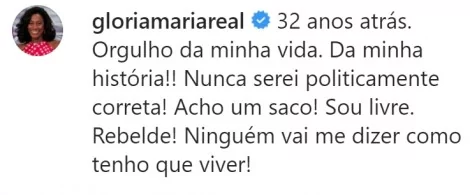 Glória Maria reafirma posição: “Nunca serei politicamente correta! Sou livre!” (veja o vídeo)
