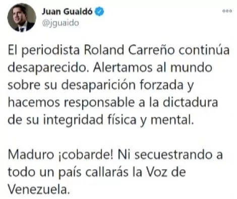 Publicação de Juan Guaidó no Twitter