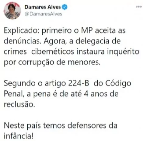 Publicação de Damares Alves no Twitter