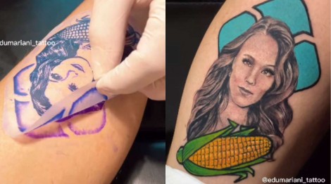 Empresário faz ‘homenagem’ a Larissa Manoela e tatua o rosto da atriz, o símbolo do Pix e o ‘milho da discórdia’ (veja o vídeo)