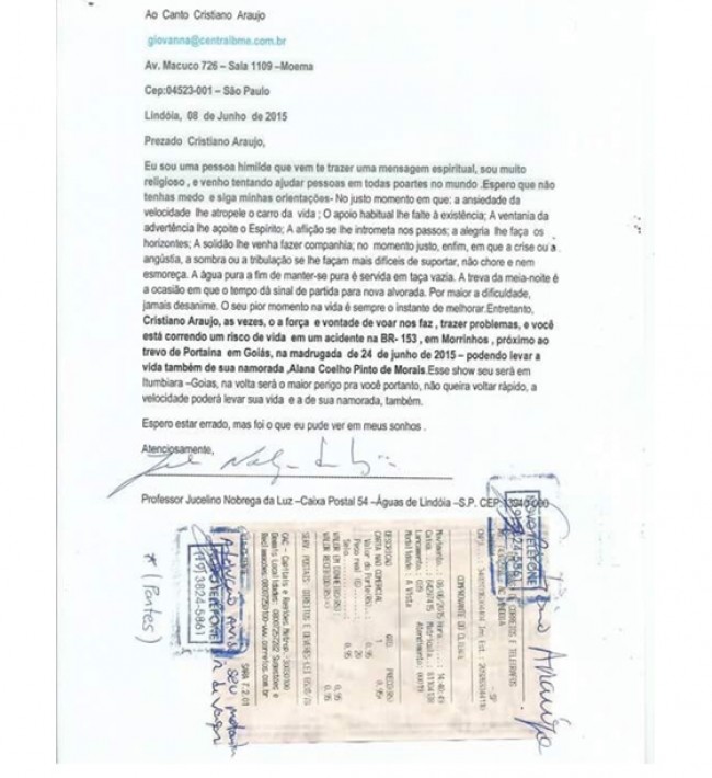 Carta enviada a Cristiano Araújo