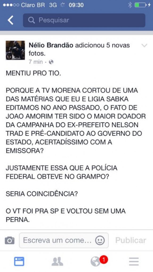 Postagem do jornalista Nélio Brandão