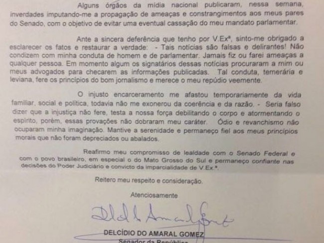 Carta de Delcídio aos senadores