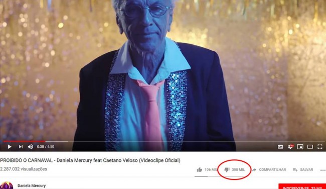Vídeo da música no YouTube já bate o marco de 300 mil deslikes.