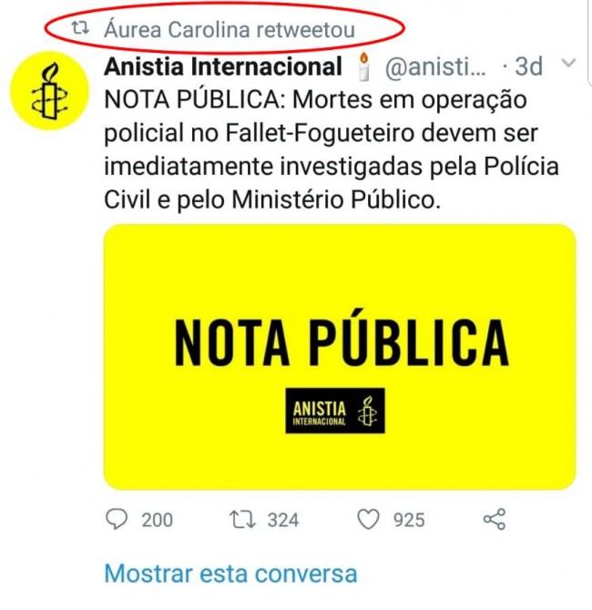 Logo após o post anterior,  Áurea compartilhou uma publicação pedindo investigação imediata das mortes ocorridas na operação do policial ocorrida no Fallet Fogueteiro. 