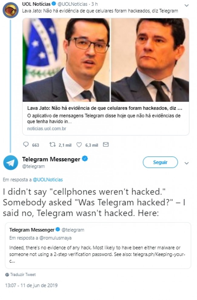 Telegram responde postagem do UOL desmentindo a matéria