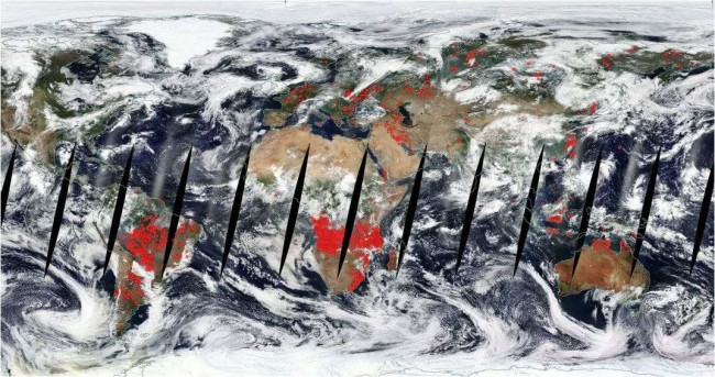Cada ponto vermelho desta imagem é um foco de incêndio detectado pelos satélites da NASA em 22/07/2019. 