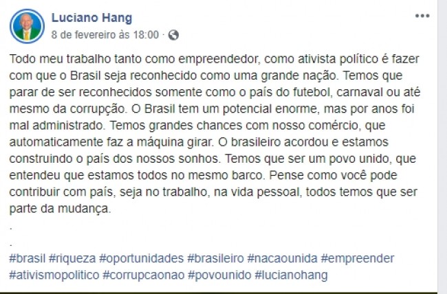 Publicação de Luciano Hang no Facebook