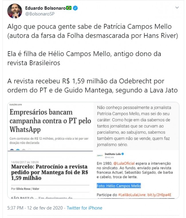 Publicação de Eduardo Bolsonaro no Twitter
