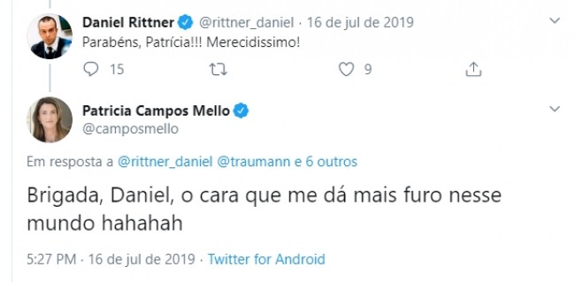 Comentário de Daniel Rittner e resposta de Patrícia Campos Mello no Twitter