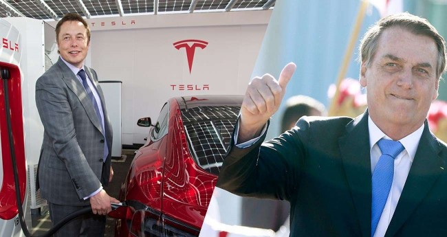 Fotomontagem: Carro Tesla sendo abastecido e Jair Bolsonaro