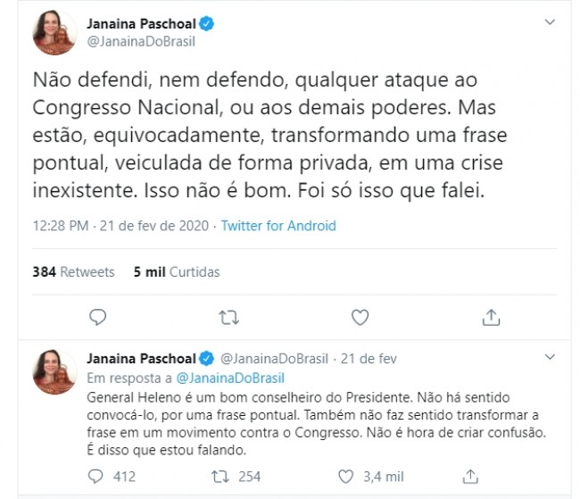 Publicações de Janaína Paschoal no Twitter
