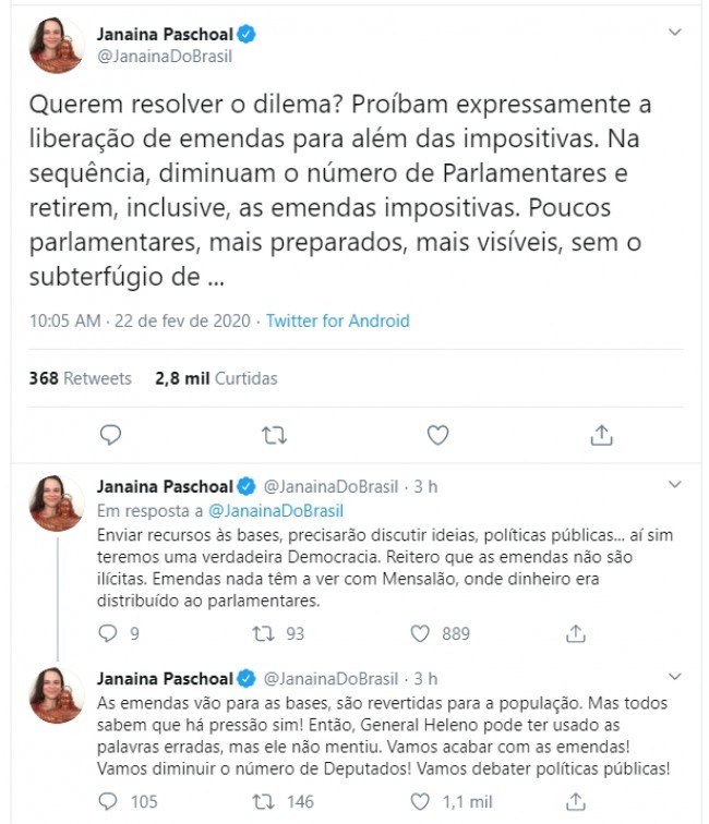 Publicação de Janaína Paschoal no Twitter