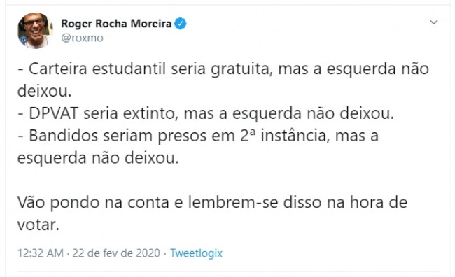 Publicação de Roger Moreira no Twitter