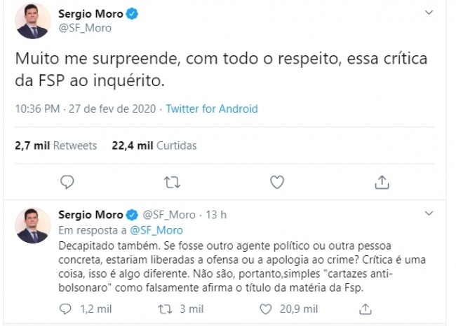 Publicações de Sérgio Moro no Twitter