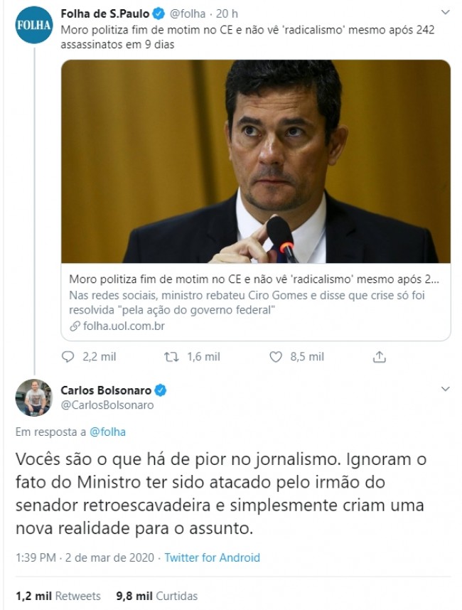 Resposta de Carlos Bolsonaro a publicação da Folha de São paulo no Twitter