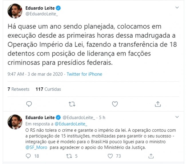 Publicações de Eduardo Leite no Twitter
