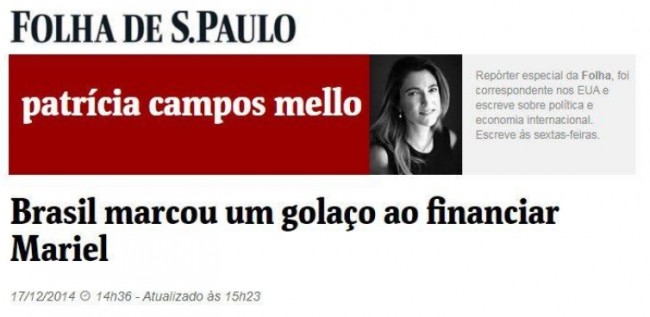 Manchete da coluna de Patrícia Campos Mello na Folha