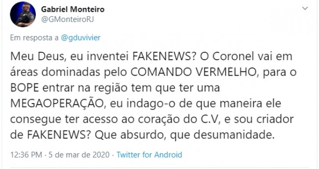 Resposta de Gabriel Monteiro a Gregório Duvivier no Twitter