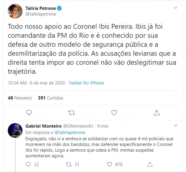 Publicação de Talíria Petrone e resposta de Gabriel Monteiro no Twitter