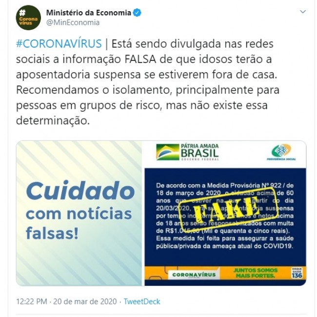 Publicação do Ministério da Economia no Twitter