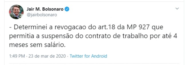 Publicação de Jair Bolsonaro no Twitter