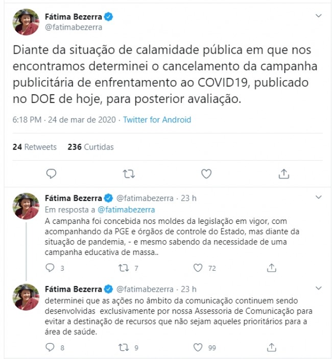 Publicações de Fátima Bezerra no Twitter