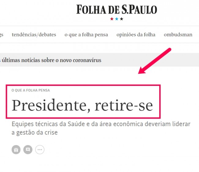 Manchete do editorial da Folha