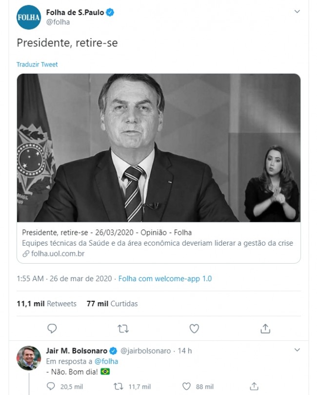 Resposta de Bolsonaro na publicação da Folha no Twitter