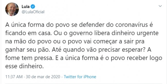 Publicação de Lula no Twitter