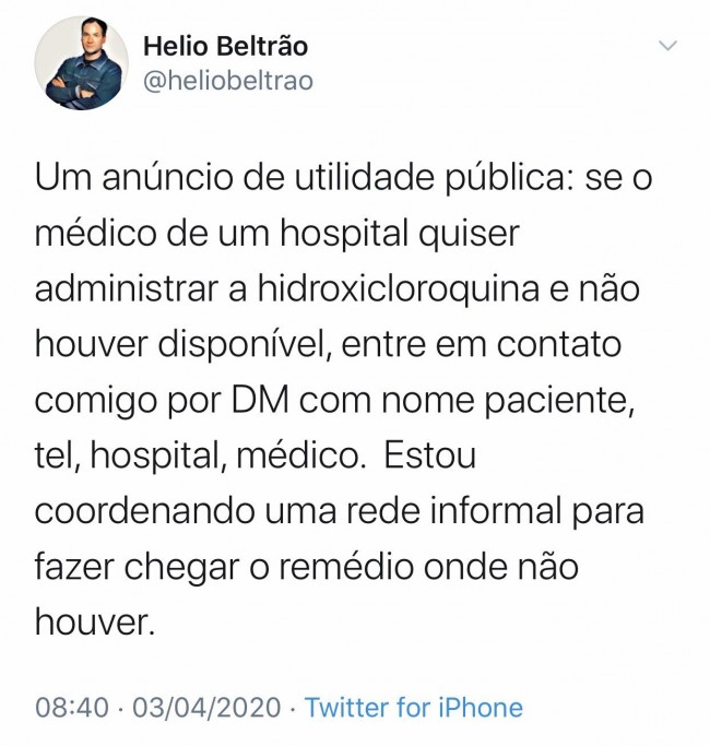 Post de Helio Beltrão que gerou a acusação