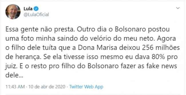 Publicação de Lula no Twitter