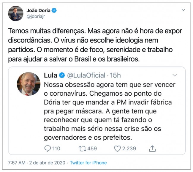 Lula e Doria trocaram afagos no Twitter