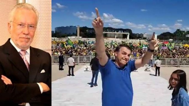 Fotomontagem: O presidente Jair Bolsonaro prestigiando a manifestação popular. No detalhe, o jornalista Alexandre Garcia.