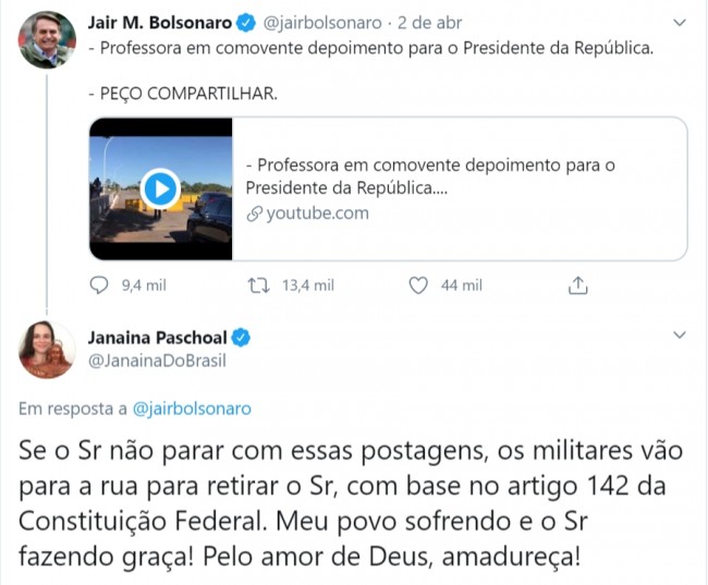 Comentário de Janaina Paschoal na publicação de Jair Bolsonaro