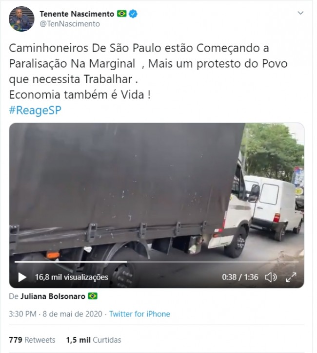 Publicação do deputado estadual de SP, Tenente Nascimento, no Twitter