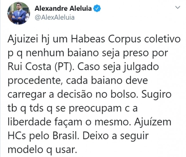 Publicação de Alexandre Aleluia no Twitter