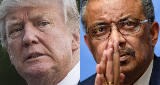 Fotomontagem: Donald Trump e Tedros Adhanom