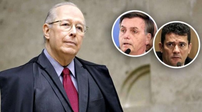 Fotomontagem: Ministro Celso de Mello. Nos detalhes, Jair Bolsonaro e Sérgio Moro
