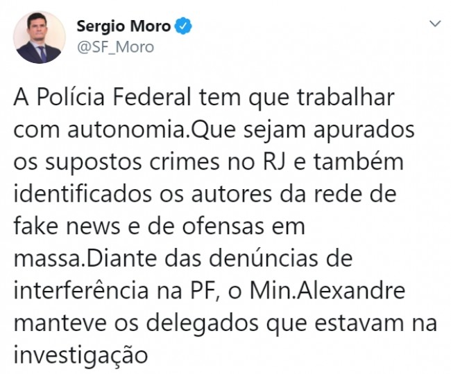 Publicação de Sérgio Moro no Twitter