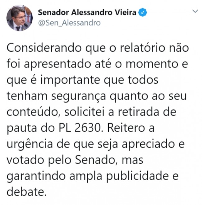 Publicação de Alessandro Vieira no Twitter