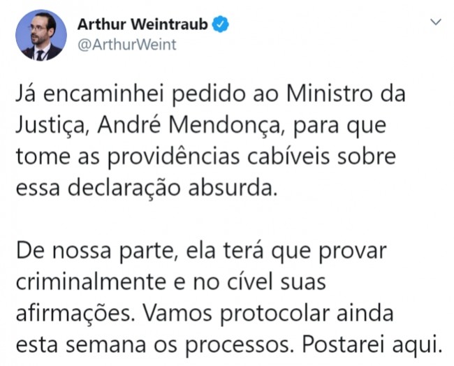 Publicação de Arthur Weintraub no Twitter