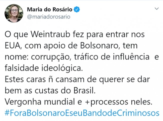 Publicação de Maria do Rosário no Twitter